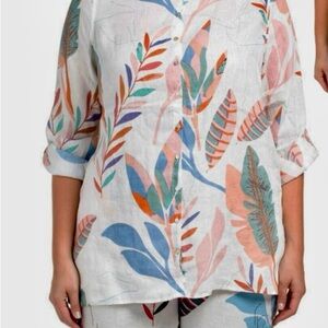 Cynthia Rowley Plus Linen Tropical Button Front Tunic Top